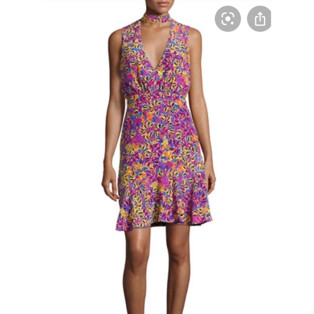 Saloni Fleur Silk Floral V-Neck Ruffle Hem Mini Dress Multi Color US 8